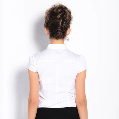 Elegant Bodysuit Women Short Sleeve White Color Shirring Design Blouses And Tops Office Lady Work Wear Formal Body Shirt Female