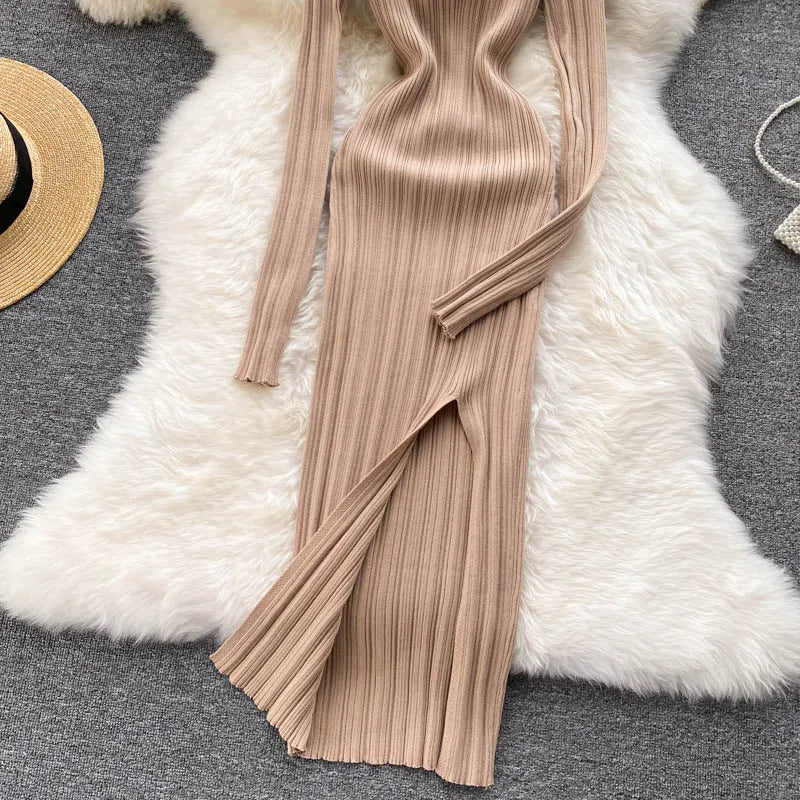 SINGREINY Women Korean Knitted Dress Long Sleeve V Neck Elastic Slim Pencil Dresses 2021 Autumn Sexy Bodycon Split Sweater Dress