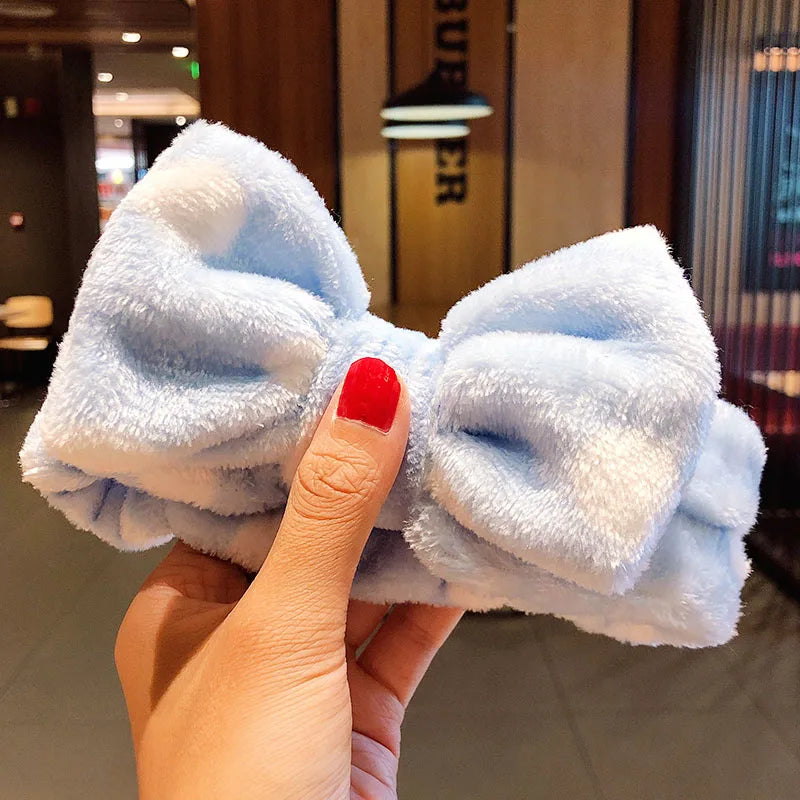 Wash Face Hair Holder Hairbands Soft Warm Coral Fleece Bow Animal Ears Headband For Women Girls Turban Fashion Hair Accessories light blue dot