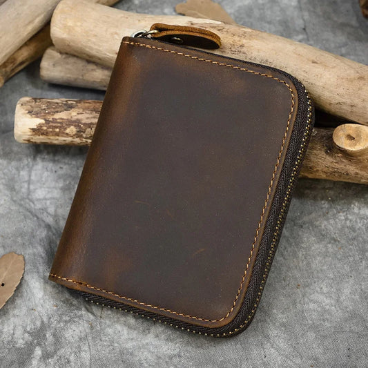 2023 New Short Wallet Men Women Vintage Fashion Card Holder Zipper Coin Purse Crazy Horse Leather Mens Slim Zipper Purse Wallet