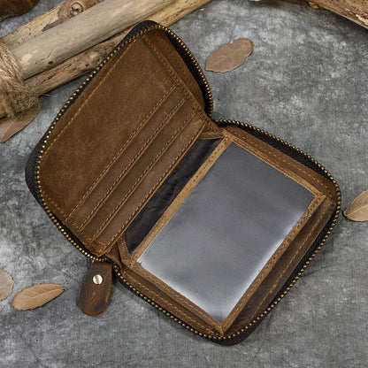 2023 New Short Wallet Men Women Vintage Fashion Card Holder Zipper Coin Purse Crazy Horse Leather Mens Slim Zipper Purse Wallet