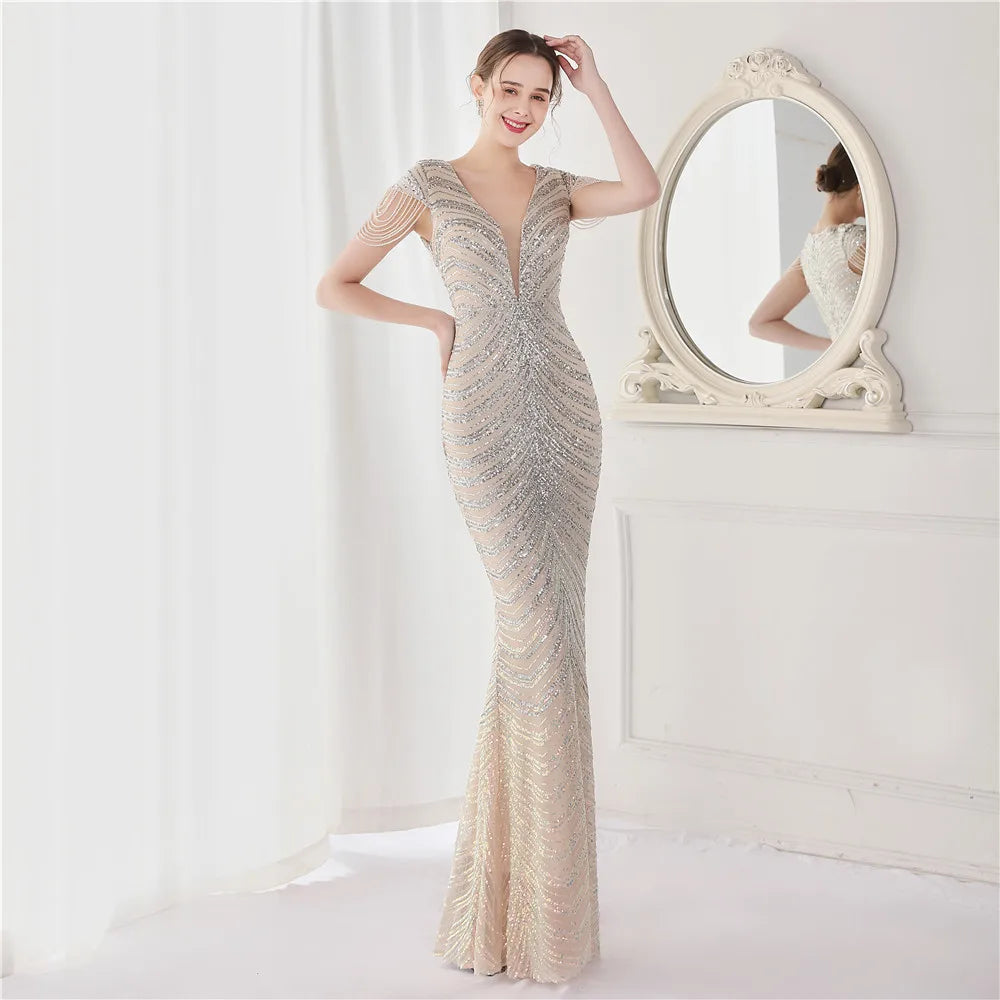 DEERVEADO Elegant V Neck Mermaid Evening Dress Long Luxury Beads Women Evening Party Dresses 2025 New Formal Dress 19085 Badiee Stylez