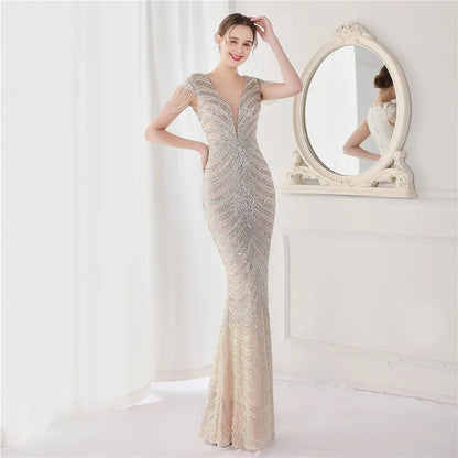 DEERVEADO Elegant V Neck Mermaid Evening Dress Long Luxury Beads Women Evening Party Dresses 2025 New Formal Dress 19085 Badiee Stylez