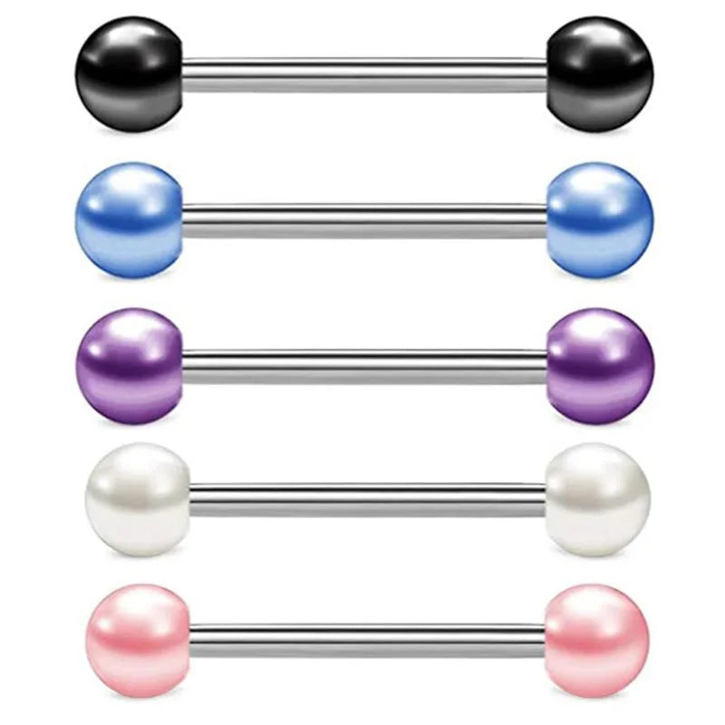 6PCS Stainless Steel Glorious Tongue Ring Bulk 14G Nipple Piercing Bar Lot Glitter Tongue Piercing Set Barbell Piercing Jewelry Pearl 6PCS