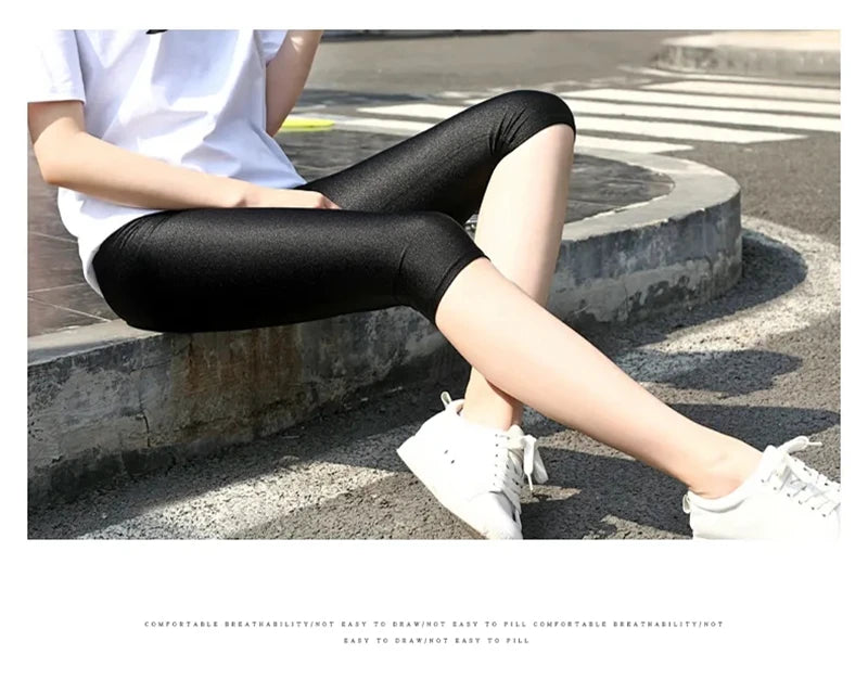 lady summer short pants women solid black shine breathable above knee short capris korean skinny neon pant