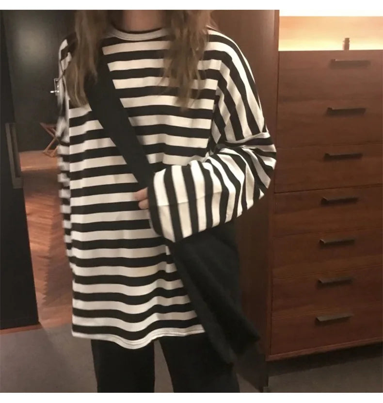 spring Autumn Women harajuku Striped Tshirt Long Sleeve O-Neck T-Shirts ulzzang Korean Casual T Shirt Femme black Tops