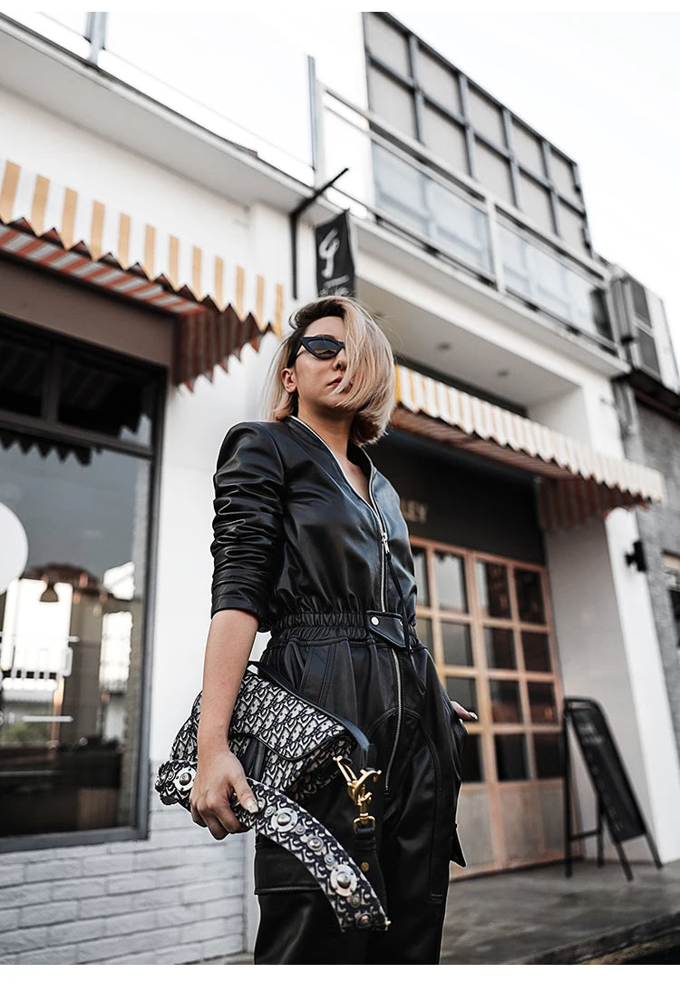 Nerazzurri Autumn Black Soft Faux Leather Cargo Jumpsuit Women Long Sleeve Zipper Luxury Designer Clothes 5xl 6xl 7xl Badiee Stylez