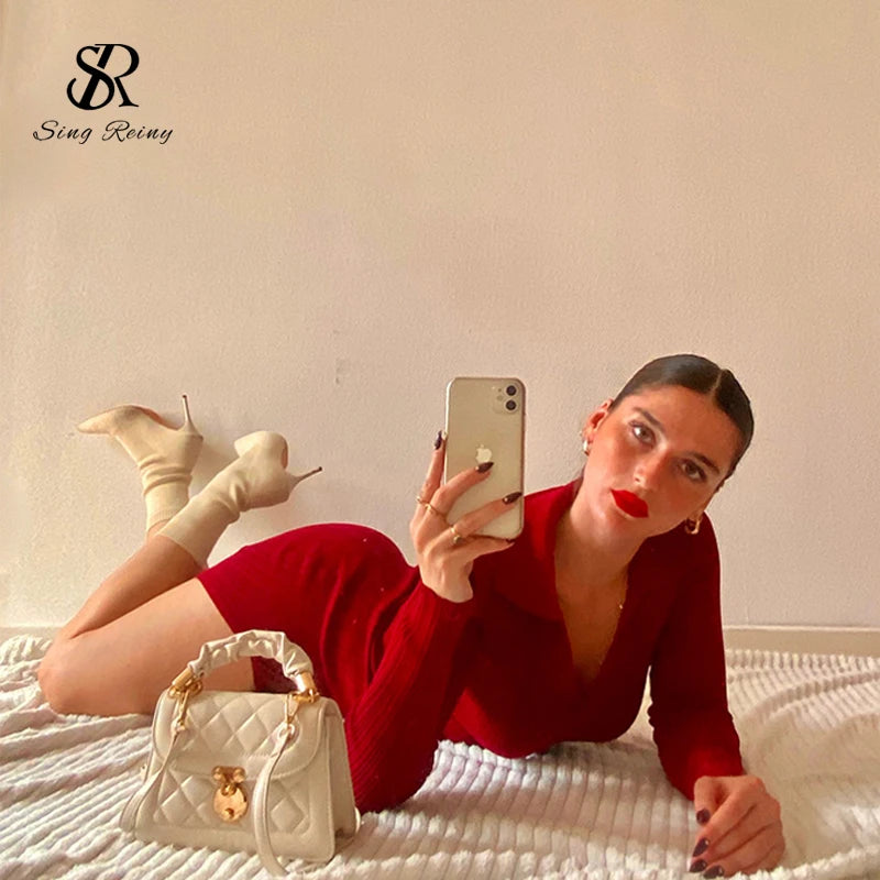 SINGREINY Women Korean Knitted Dress Long Sleeve V Neck Elastic Slim Pencil Dresses 2021 Autumn Sexy Bodycon Split Sweater Dress