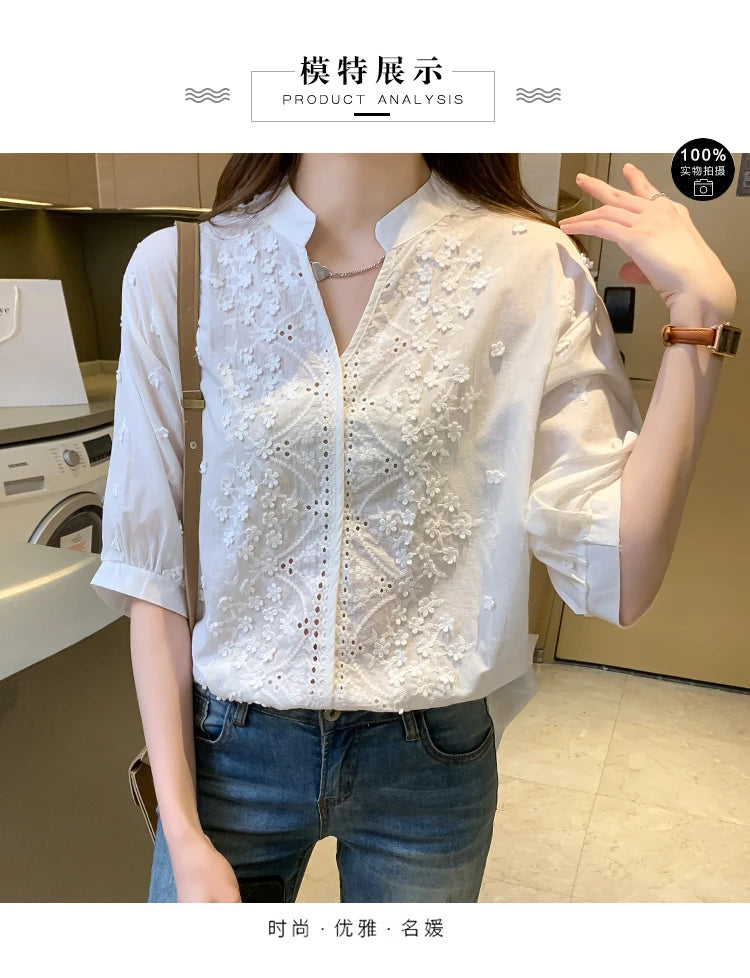 Summer Floral Embroidery Lace Blouse Fashion Women V Neck Casual Shirt Chic Short Sleeve Hollow Out Tops Elegant Blusas 24350