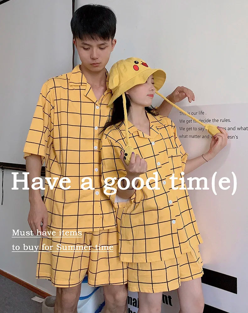 Women's Pyjamas Cute Lattice Print Pajama Sets Summer Casual Short Sleeve Couple Sleepwear Thin Cotton Home Maiden 2-piece Set