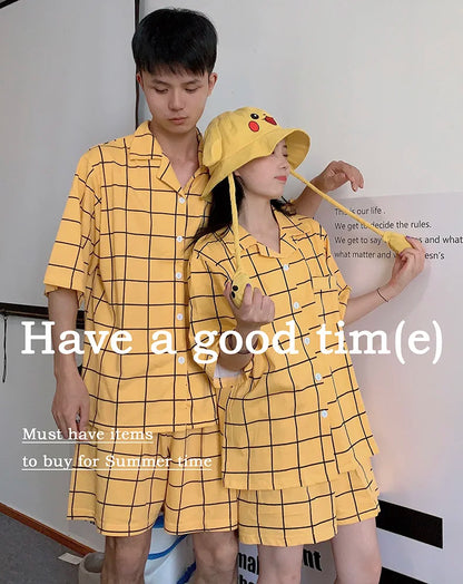 Women's Pyjamas Cute Lattice Print Pajama Sets Summer Casual Short Sleeve Couple Sleepwear Thin Cotton Home Maiden 2-piece Set