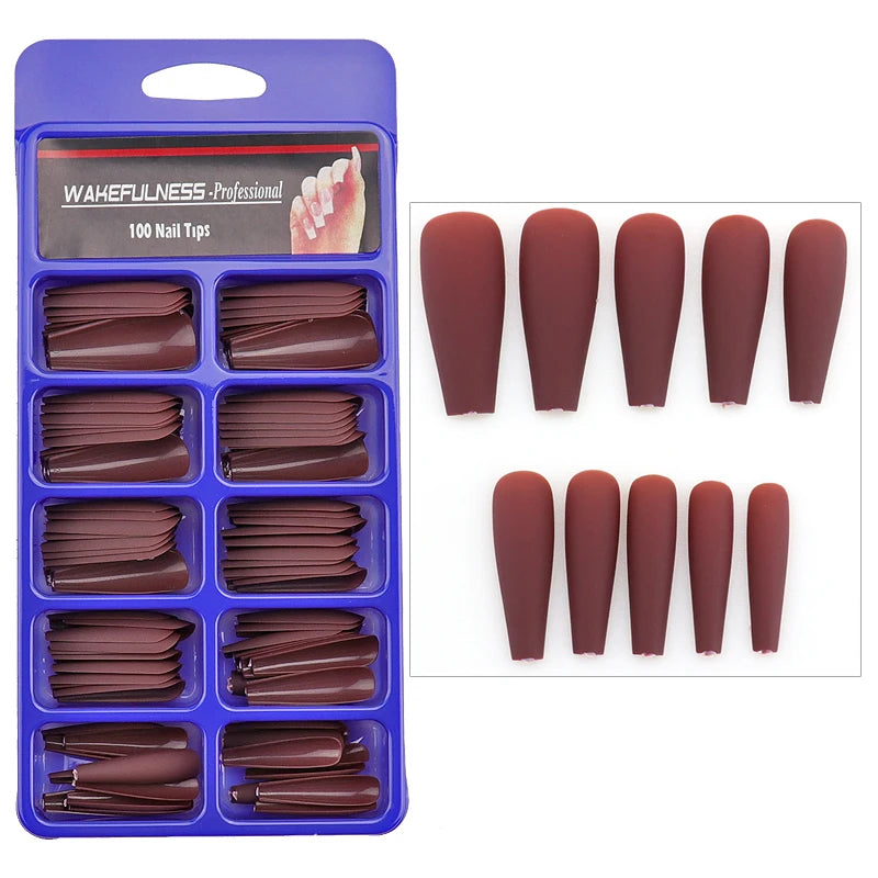 WAKEFULNESS 100Pcs/Set Matte Fake Nail Art Tips Long Ballerina Coffin Nails ABS Full Cover Fasle Nails Tools Manicure 827