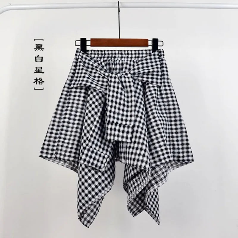 TOTRUST Fashion College Asymmetrical Skirt Women Summer Plaid Skirt Women Casual Students Fake Shirt Mini Skirt Female Saia 2 One Size