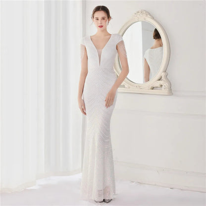 DEERVEADO Elegant V Neck Mermaid Evening Dress Long Luxury Beads Women Evening Party Dresses 2025 New Formal Dress 19085 Badiee Stylez