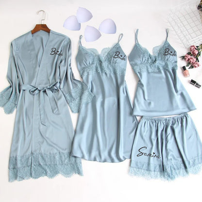 Personalized name Women Kimono Bathrobe Bride Bridesmaid Wedding Robe Set Lace Trim Sleepwear Casual Home Clothes Nightwear blue-gray 4pcs set