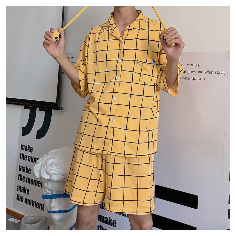 Women's Pyjamas Cute Lattice Print Pajama Sets Summer Casual Short Sleeve Couple Sleepwear Thin Cotton Home Maiden 2-piece Set