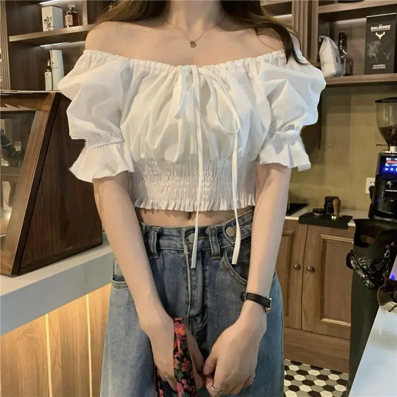 Off Shoulder Lace Up Bow Crop Top Blouse Women Summer Shirring Puff Short Sleeve Female Shirts Sweet Ruffle Tunic Korean Fashion