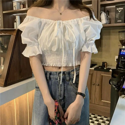 Off Shoulder Lace Up Bow Crop Top Blouse Women Summer Shirring Puff Short Sleeve Female Shirts Sweet Ruffle Tunic Korean Fashion