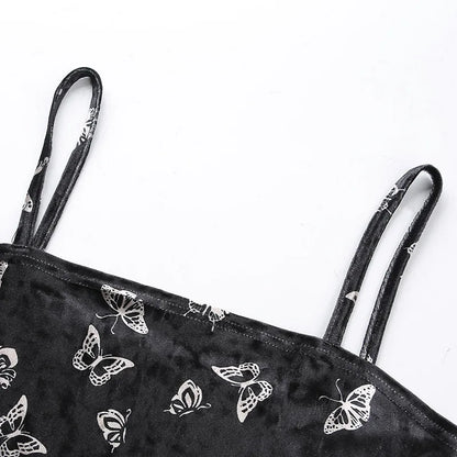 Harajuku Black Dress Women Gothic Spaghetti Strap Backless Off Shoulder Dresses Female Fashion Casual Print Sexy Dress