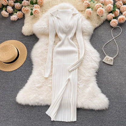 SINGREINY Women Korean Knitted Dress Long Sleeve V Neck Elastic Slim Pencil Dresses 2021 Autumn Sexy Bodycon Split Sweater Dress