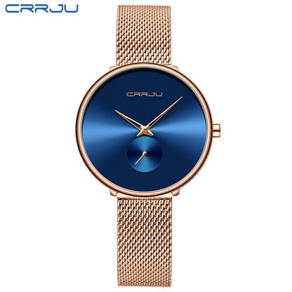 CRRJU 2165 Beautiful Design Watches Women Fashion Casual Steel Mesh Wristwatch Ladies Watch Female Clock Women's Quartz Watch rose blue