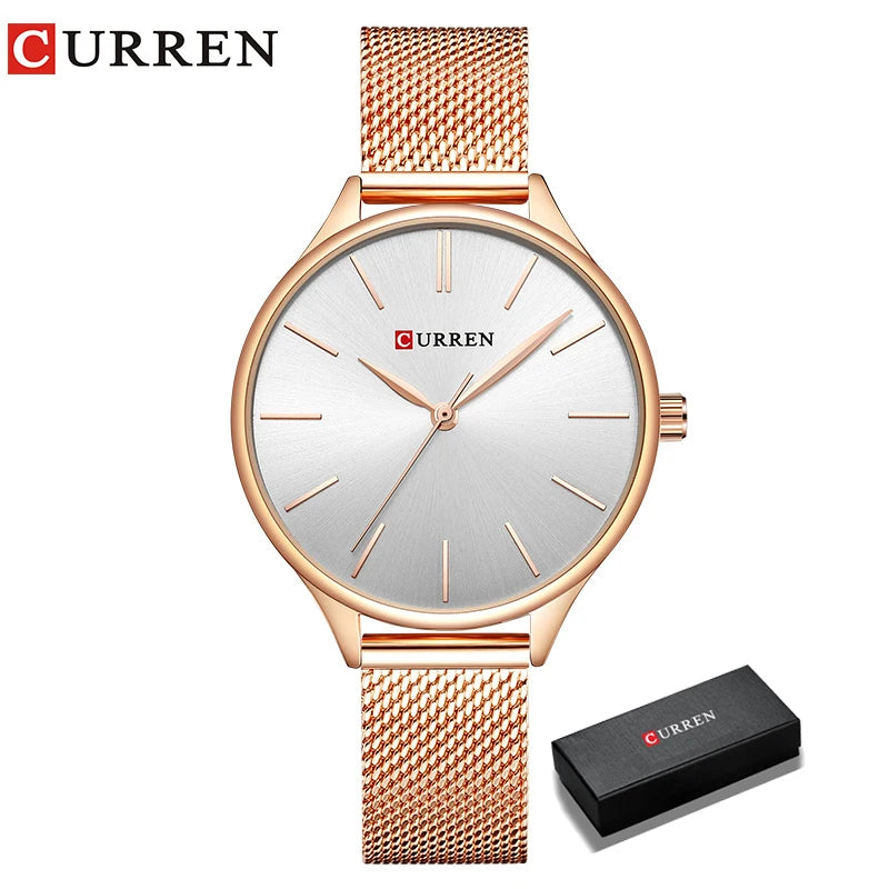 CURREN Original Women's Luxury Watch Matte Dial Japanese Quartz Movement Stainless Steel Mesh Strap with Box rose white box