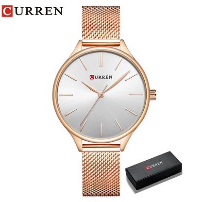 CURREN Original Women's Luxury Watch Matte Dial Japanese Quartz Movement Stainless Steel Mesh Strap with Box rose white box