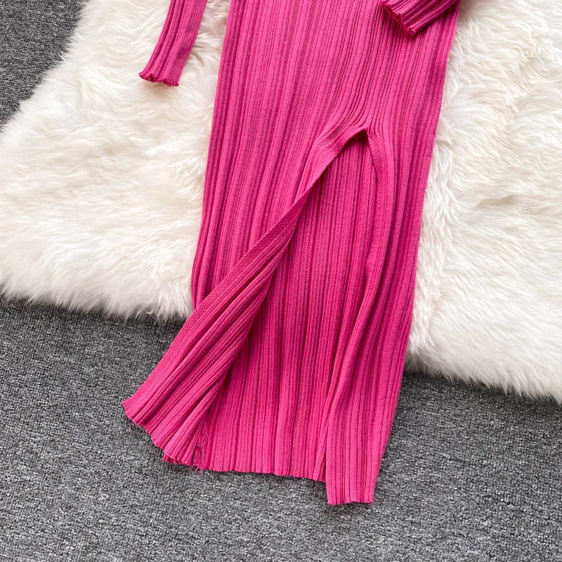 SINGREINY Women Korean Knitted Dress Long Sleeve V Neck Elastic Slim Pencil Dresses 2021 Autumn Sexy Bodycon Split Sweater Dress