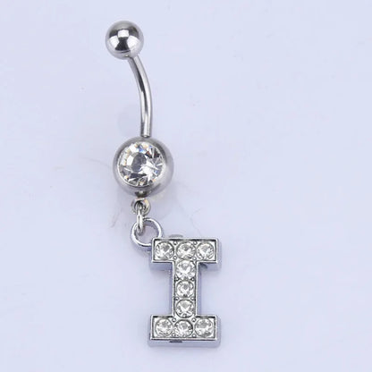 1Pc Letter Belly Button Ring Rhinestone Alphabet Pendant Navel Body Piercing Jewelry Silver Colour Nombril Piercing Gift Women I