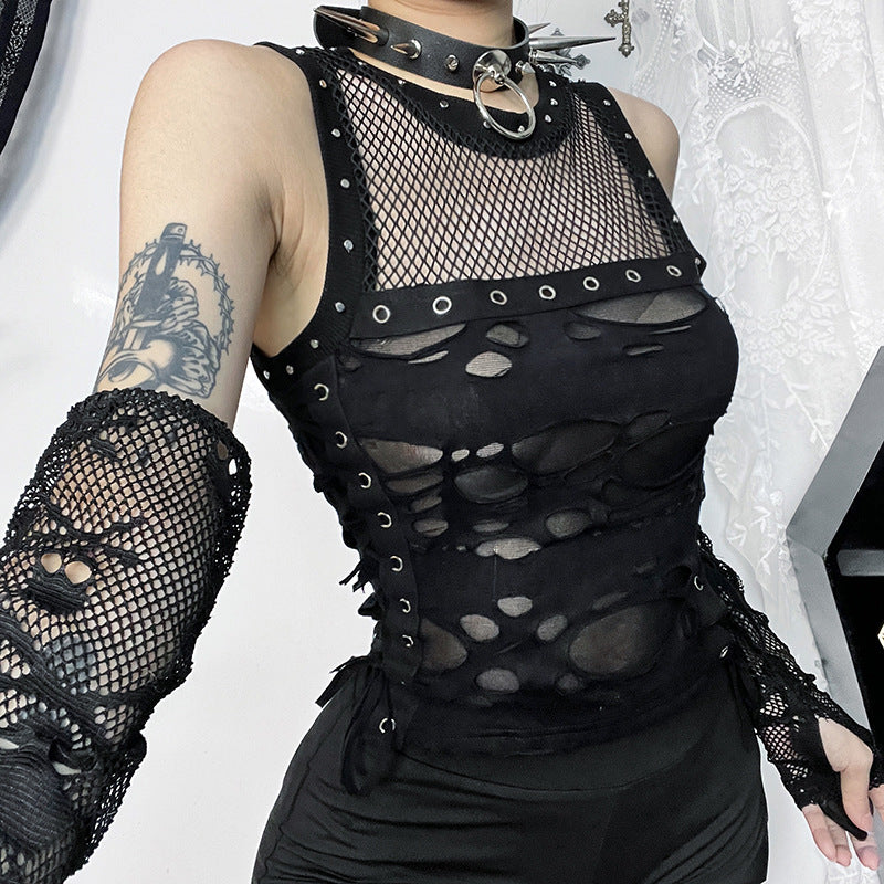 AltGoth Cyber Y2k Hole Vest Women Streetwear Harajuku Vintage Gothic Sexy O-neck Mesh Patchwork See Through Crop Tank Tops Femme