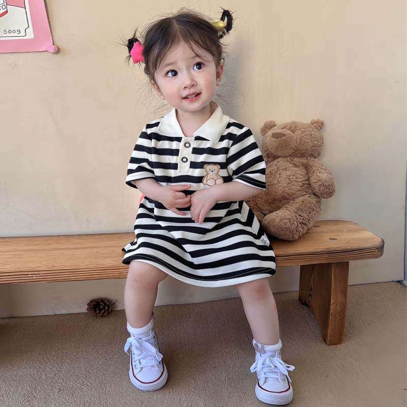 Girls Stripe Bear Polo Dress Summer Short Sleeve Flip Collar Baby Academy Style Trendy Dress Girls Aged 2-10