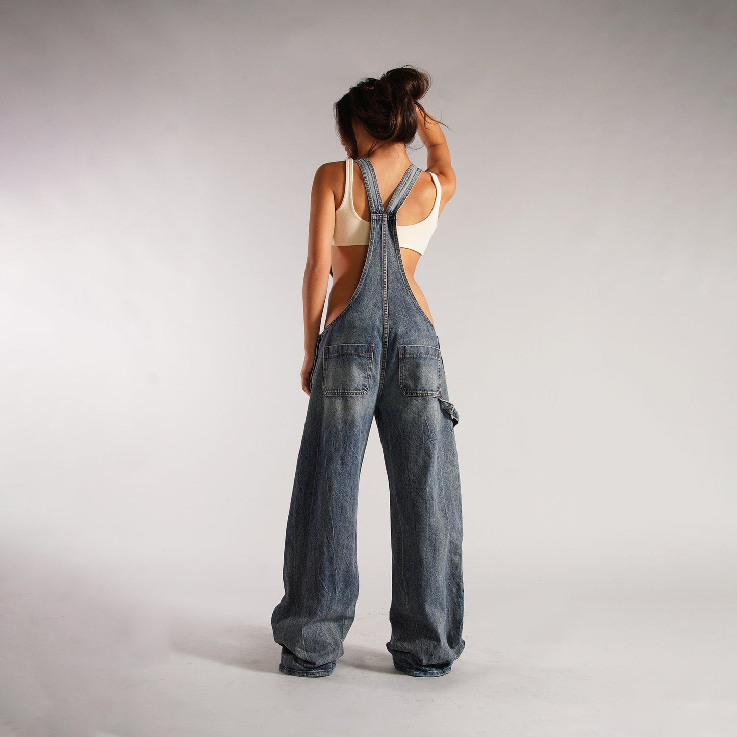 Jumpsuits Women Jeans Overalls Sexy Backless Vintage Full Length Denim Straight Pants Loose Pockets Distressed Washed Casual