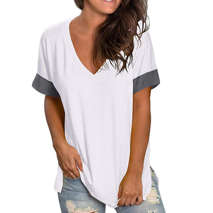 2024 Europe and the United States spring and summer cross-border new women's base shirt solid color V-neck short-sleeve stitchin