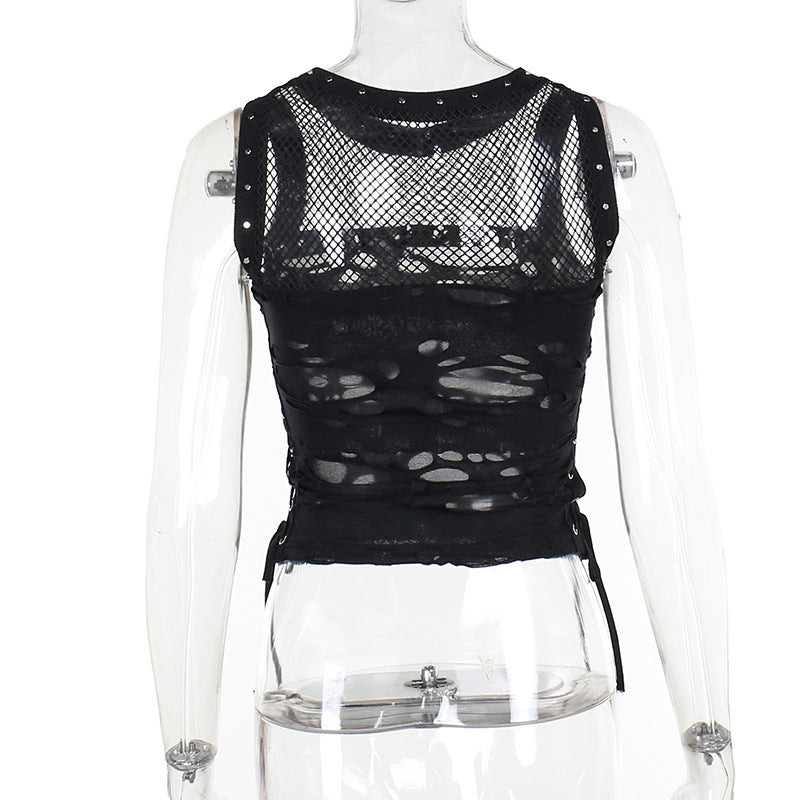 AltGoth Cyber Y2k Hole Vest Women Streetwear Harajuku Vintage Gothic Sexy O-neck Mesh Patchwork See Through Crop Tank Tops Femme