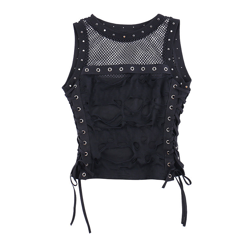 AltGoth Cyber Y2k Hole Vest Women Streetwear Harajuku Vintage Gothic Sexy O-neck Mesh Patchwork See Through Crop Tank Tops Femme