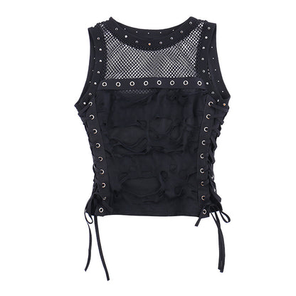 AltGoth Cyber Y2k Hole Vest Women Streetwear Harajuku Vintage Gothic Sexy O-neck Mesh Patchwork See Through Crop Tank Tops Femme