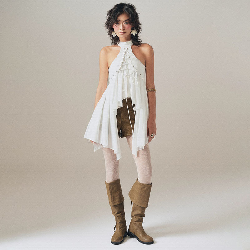 MCDV Mesh Patchwork Irregular Ruffles Vest Women Cross Bandage Elegant O-Neck Sleeveless Slim Tank Tops Y2K Summer Clothes Tees