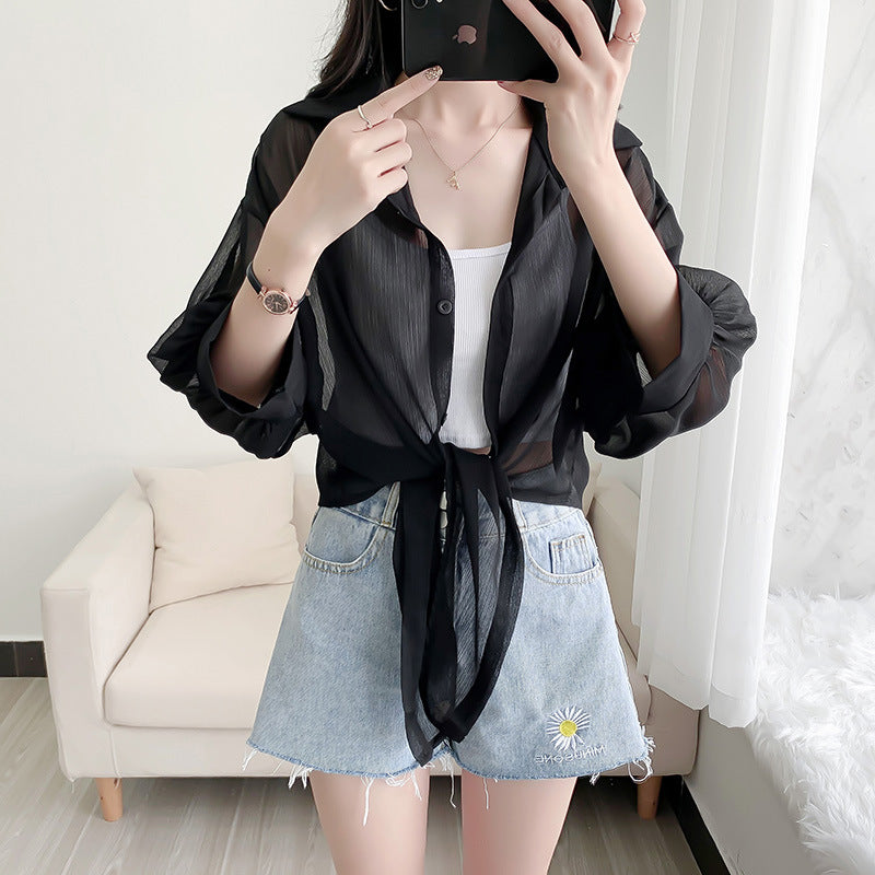 2023 Summer Half Sleeve Buttoned Up Shirt Loose Casual Blouse Chiffon Shirts Women Tied Waist Elegant Blouses for Women 9776