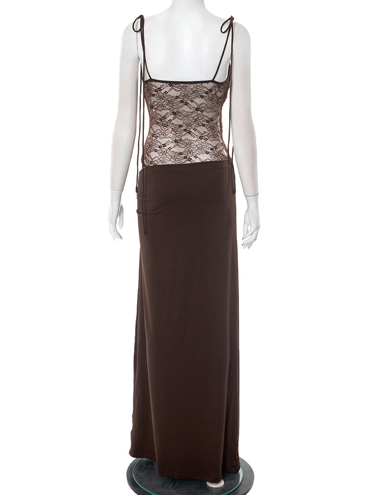 Elegant Lace Cut Out Maxi Dresses for Women 2025 Sexy Spaghetti Strap Patchwork Holidays Party Dress Summer Backless Long Dress