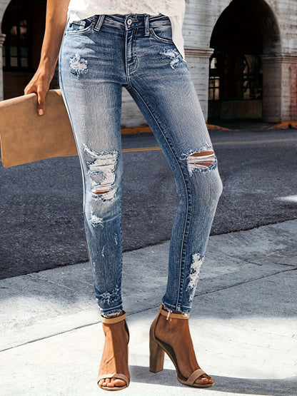 Hole Jeans Women Straight Pants Strecth High Strecth 2025 Streetwear Denims Washed Distressed Pockets Vintage Ripped Trousers