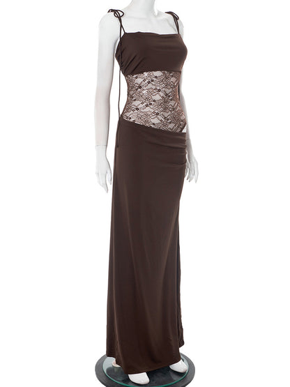 Elegant Lace Cut Out Maxi Dresses for Women 2025 Sexy Spaghetti Strap Patchwork Holidays Party Dress Summer Backless Long Dress