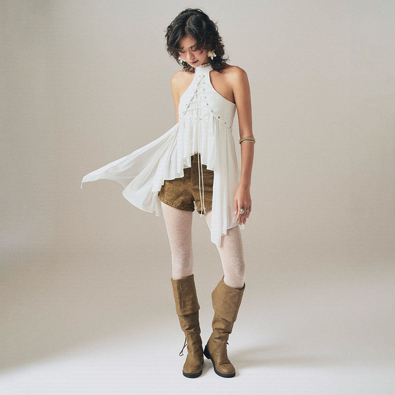 MCDV Mesh Patchwork Irregular Ruffles Vest Women Cross Bandage Elegant O-Neck Sleeveless Slim Tank Tops Y2K Summer Clothes Tees