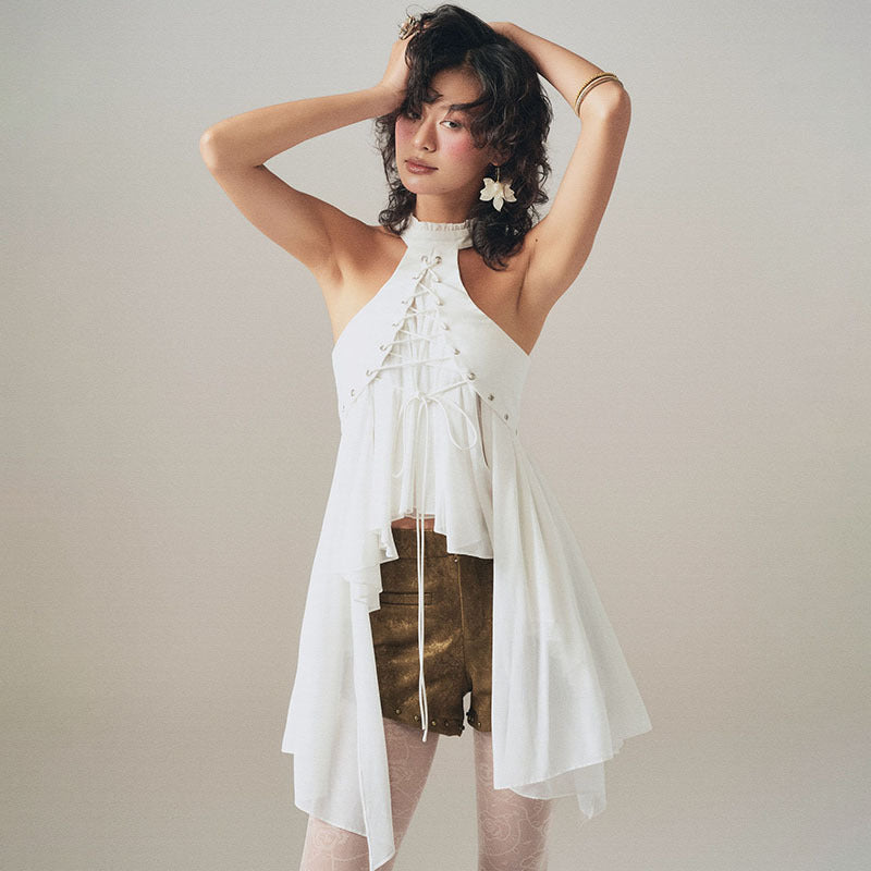 MCDV Mesh Patchwork Irregular Ruffles Vest Women Cross Bandage Elegant O-Neck Sleeveless Slim Tank Tops Y2K Summer Clothes Tees