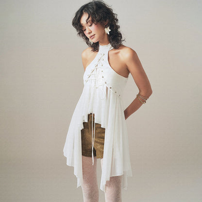 MCDV Mesh Patchwork Irregular Ruffles Vest Women Cross Bandage Elegant O-Neck Sleeveless Slim Tank Tops Y2K Summer Clothes Tees