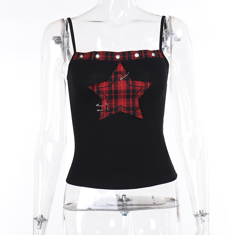 AltGoth Y2k E-girl Vintage Camis Women Mall Gothic Cyber Punk Emo Alt Grunge Hotsweet Plaid Pentagram Patchwork Crop Tank Tops