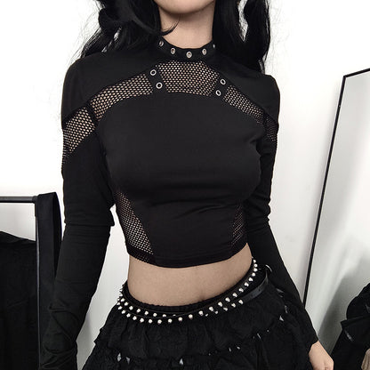 AltGoth Dark Punk Cyber T-shirt Women Gothic Streetwear Mesh Patchwork Long Sleeve O-neck Crop Tee Tops Harajuku Sexy Clothes