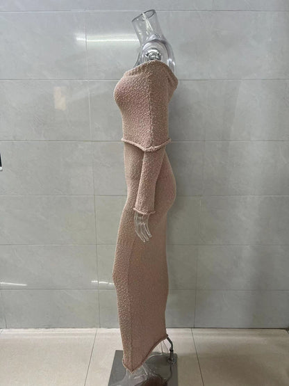 Leosoxs Slash Neck Knitted Dress Women Thin Autumn Long Sleeve Elegant Vacation Beach Party Midnight Clubwear Mini Bodycon