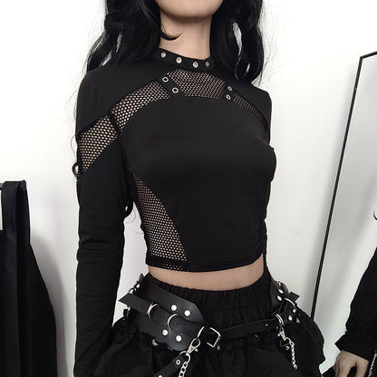 AltGoth Dark Punk Cyber T-shirt Women Gothic Streetwear Mesh Patchwork Long Sleeve O-neck Crop Tee Tops Harajuku Sexy Clothes