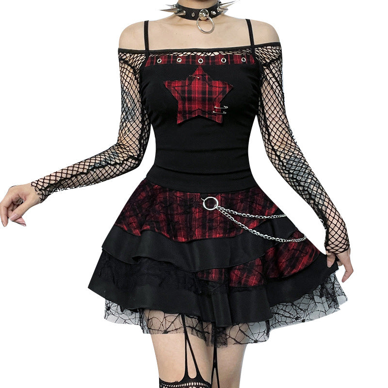 AltGoth Y2k E-girl Vintage Camis Women Mall Gothic Cyber Punk Emo Alt Grunge Hotsweet Plaid Pentagram Patchwork Crop Tank Tops