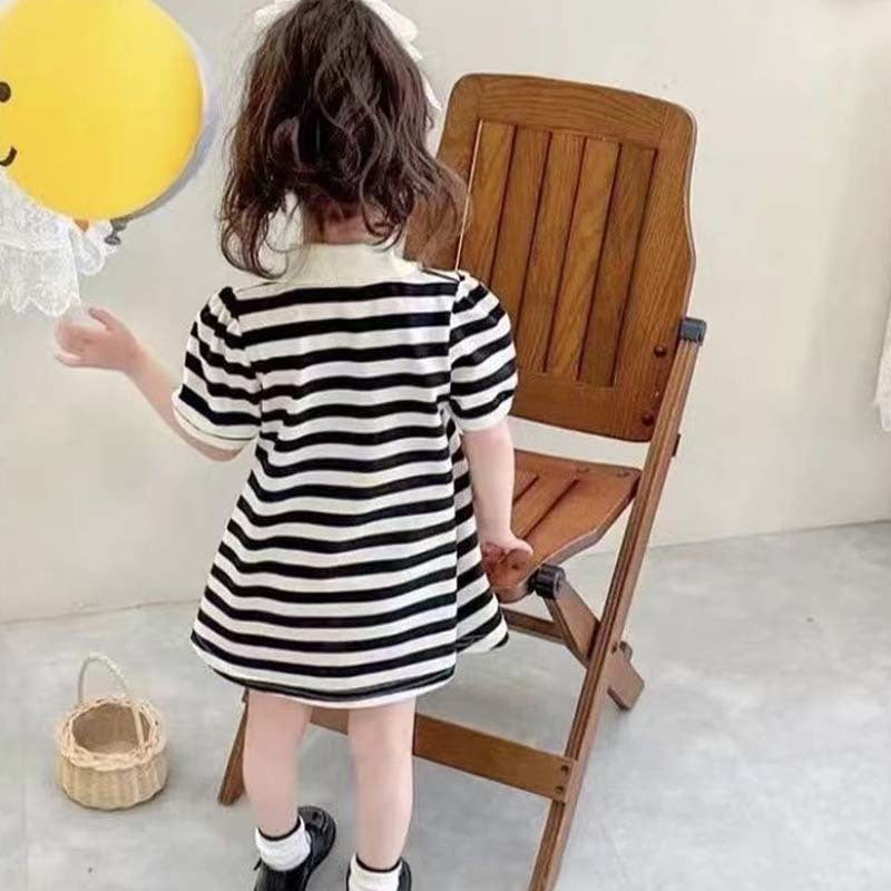 Girls Stripe Bear Polo Dress Summer Short Sleeve Flip Collar Baby Academy Style Trendy Dress Girls Aged 2-10